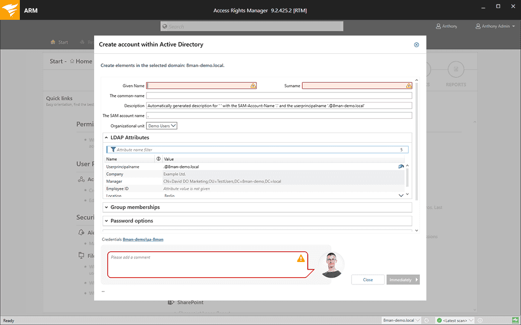 Access Rights Manager ARM Software - Tree Menu Tab 1 Image