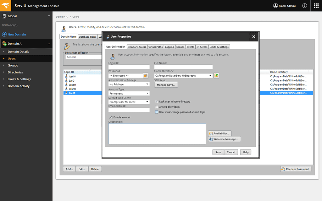 Serv-U Managed File Transfer MFT - Tree Menu Tab 5 Image